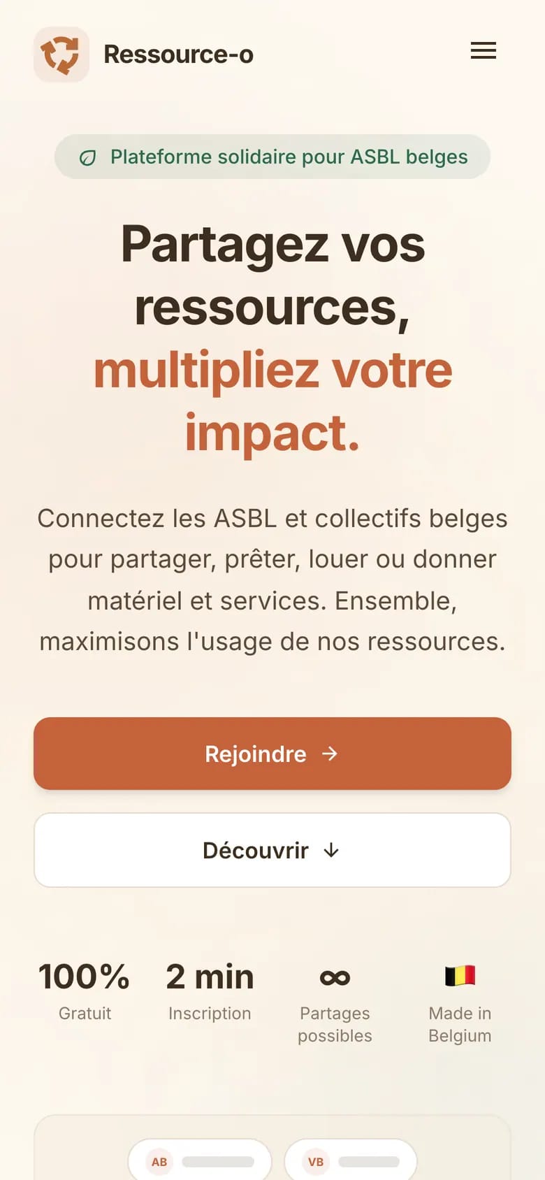 Page d'accueil de Ressourceo sur mobile