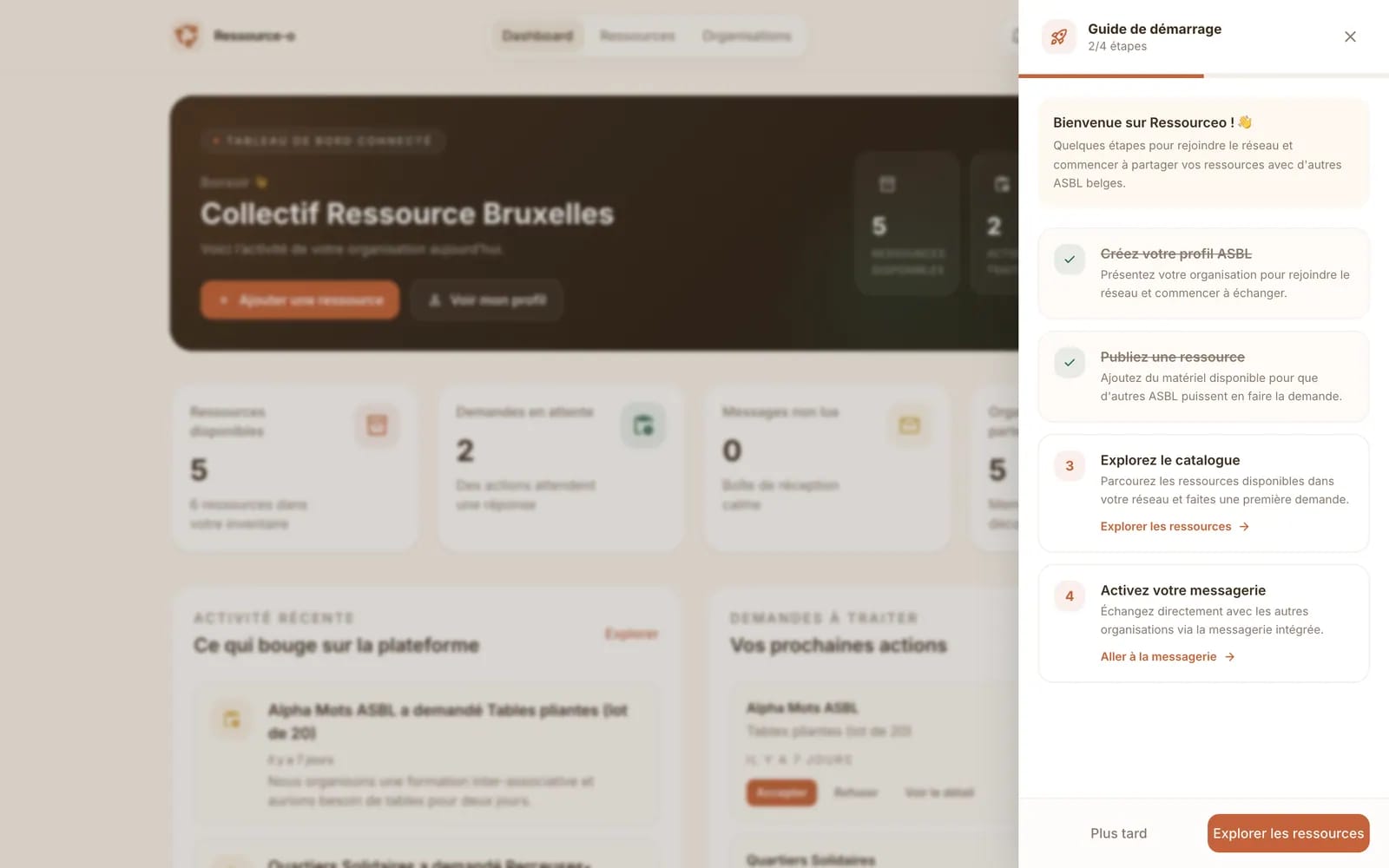 Guide de démarrage affiché à la première connexion