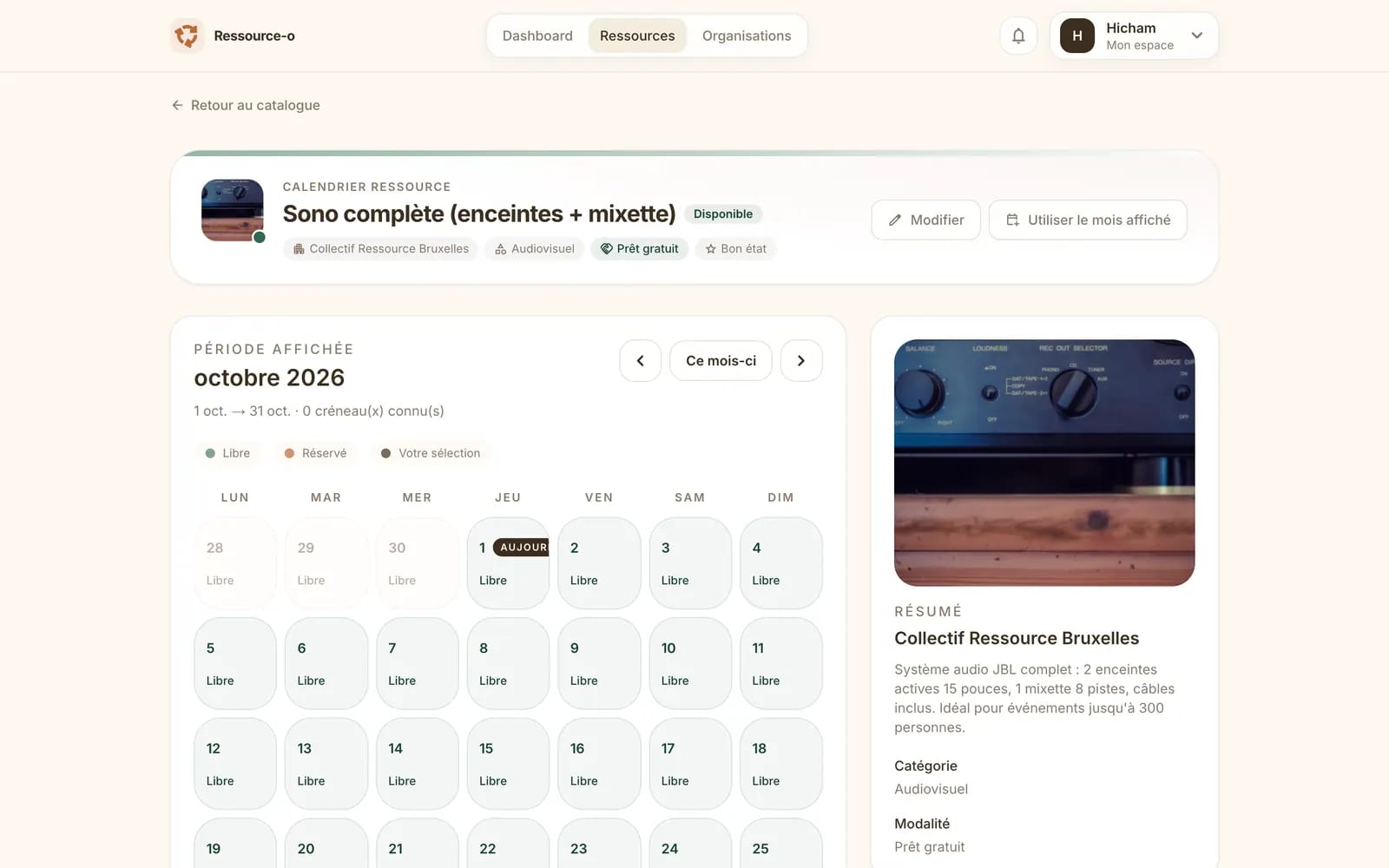 Fiche d'une ressource avec son calendrier de disponibilités