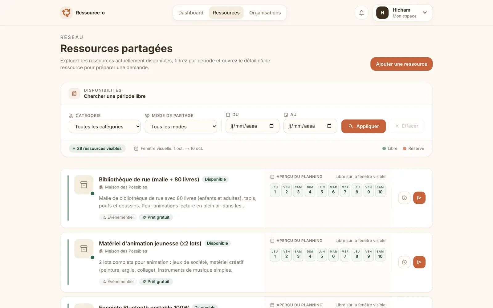 Catalogue des ressources partagées avec filtres de disponibilité