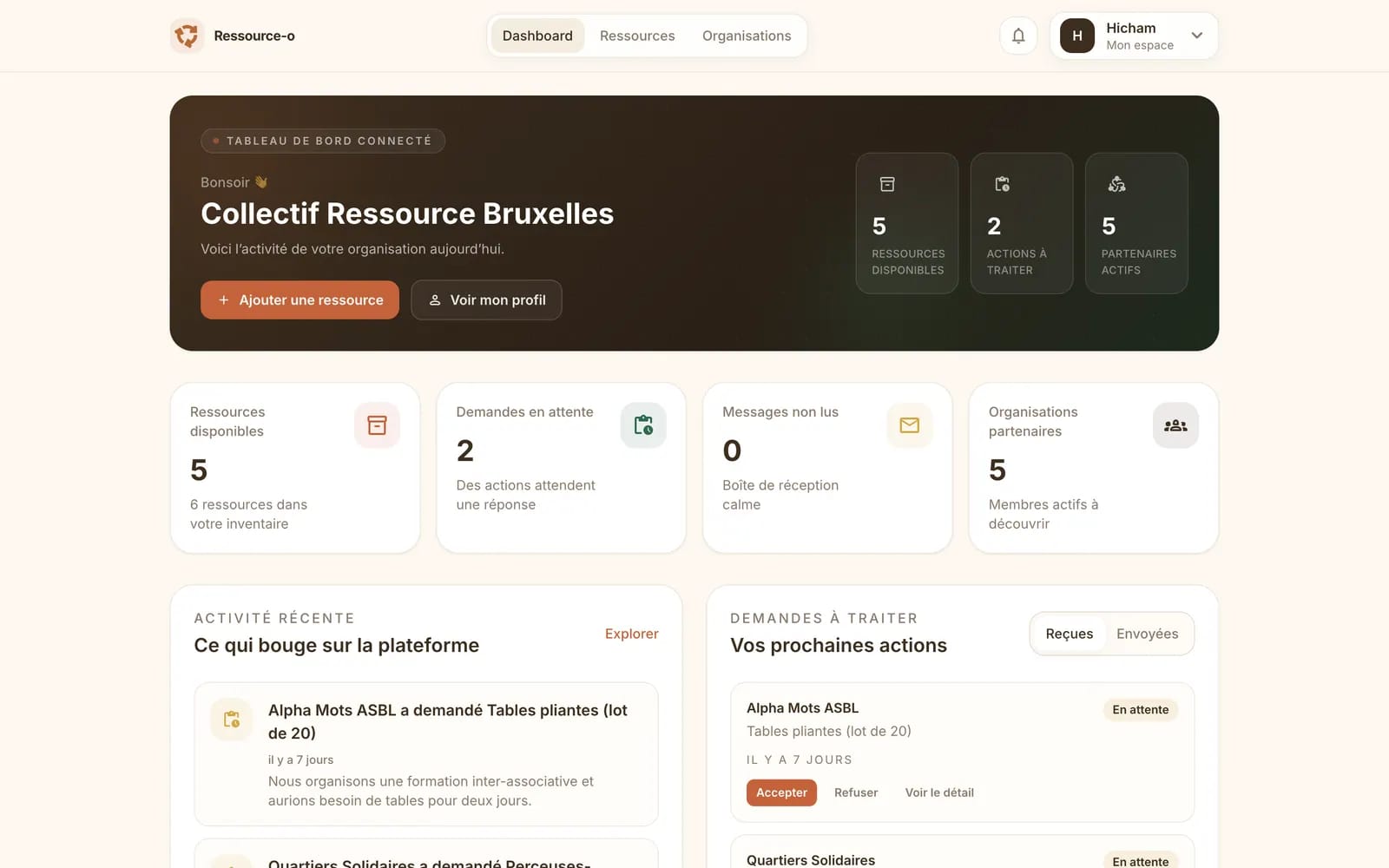 Tableau de bord d'une association connectée