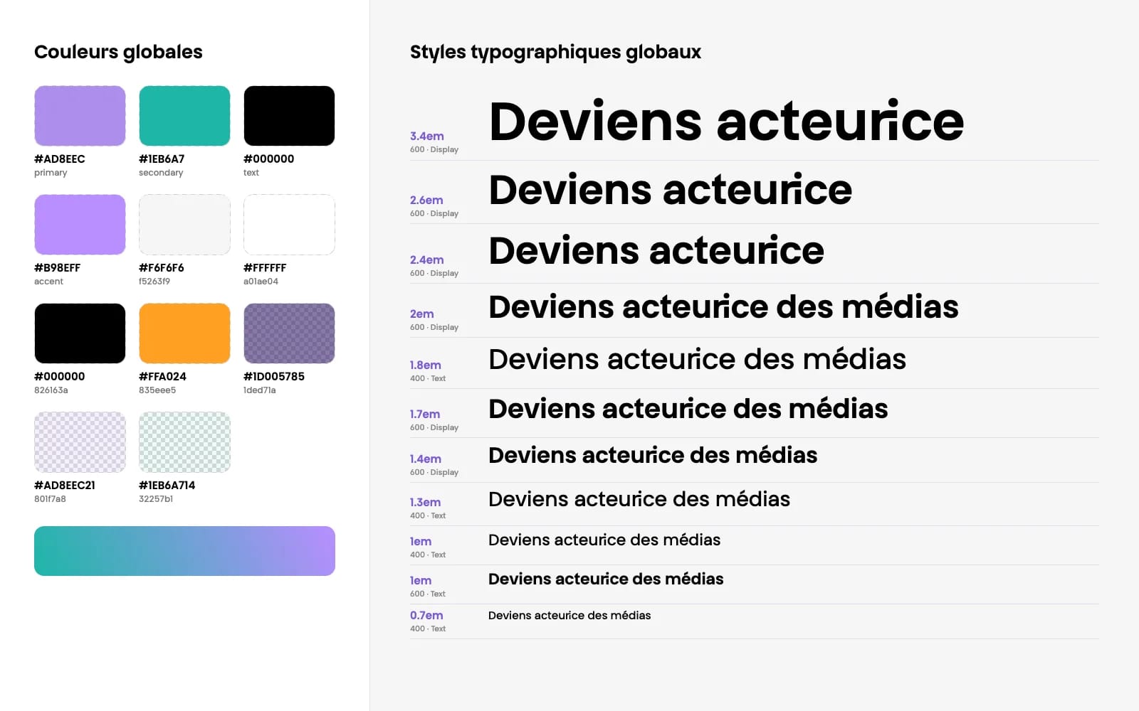 Couleurs et styles typographiques du kit Elementor, reconstitués à partir des variables CSS du site