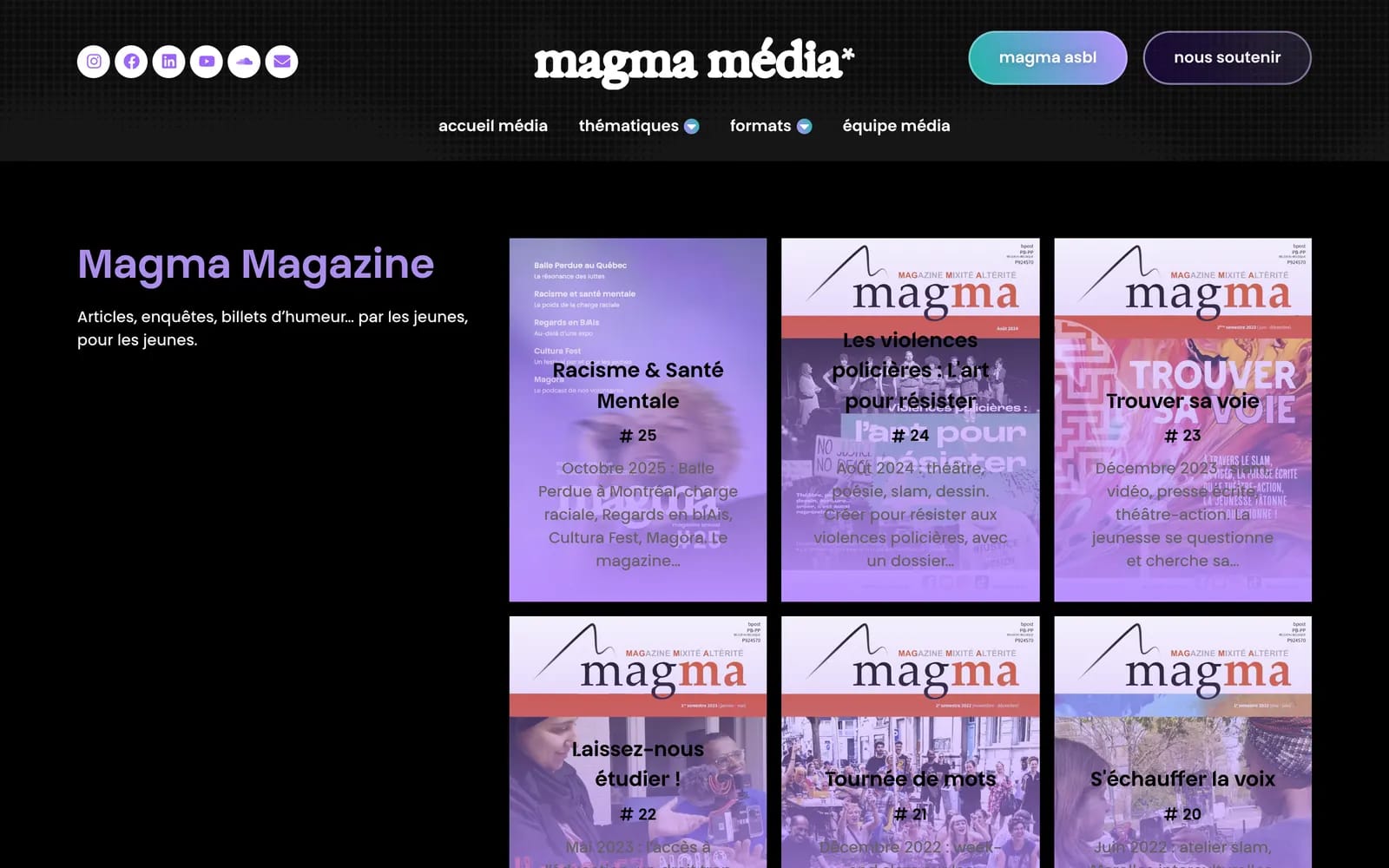 Page Magma Magazine de magma-media.be en thème sombre