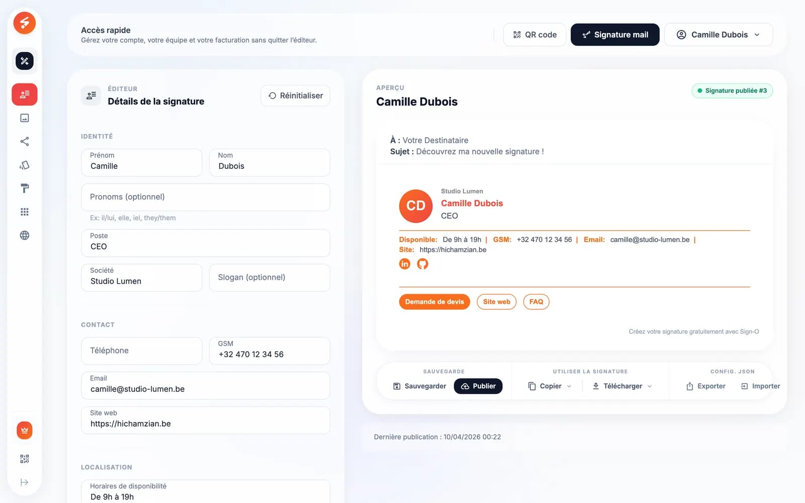 Éditeur de signature avec aperçu de l'email